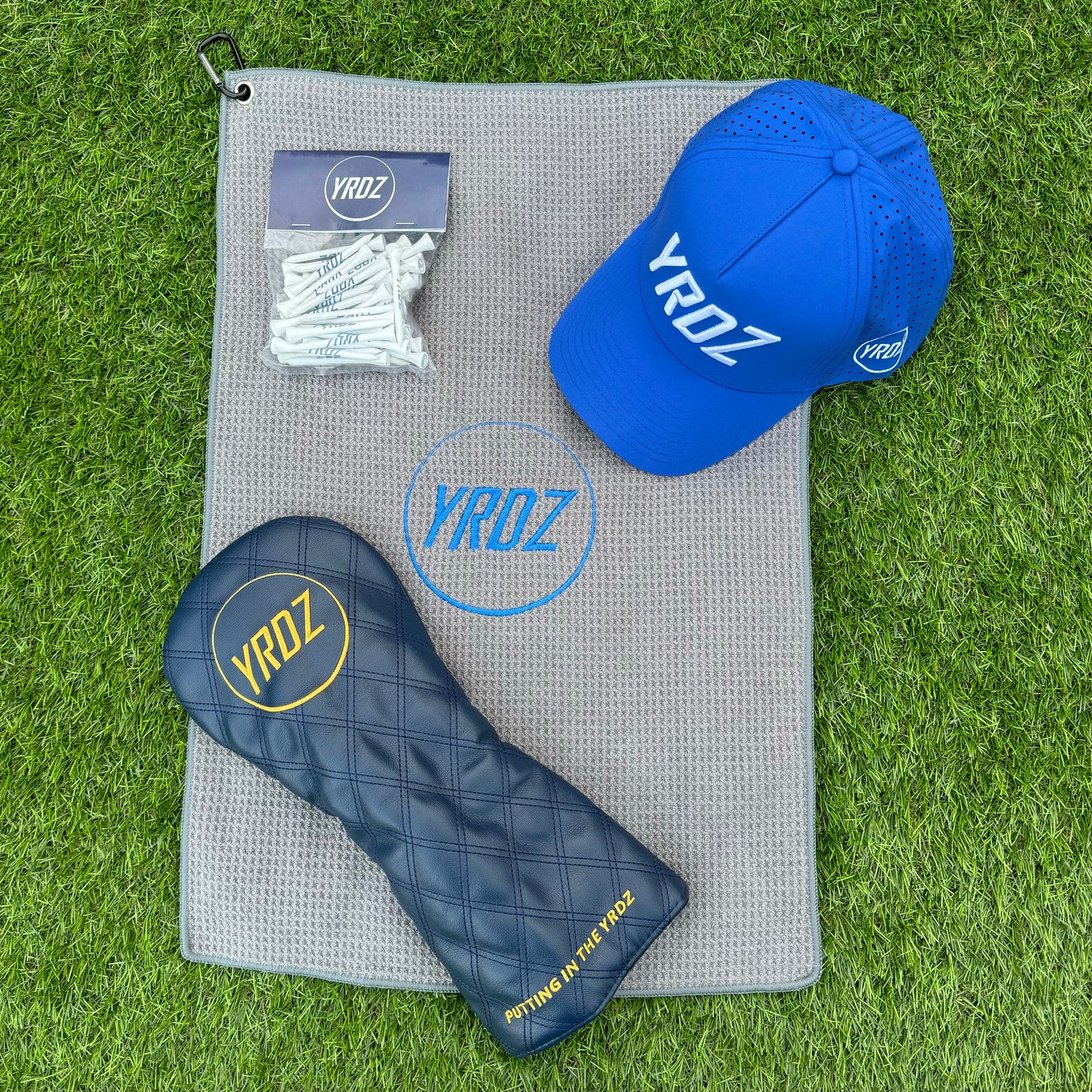 YRDZ Grey Towel, Blue Hat, Blue Head Cover & 50 Tees Combo Saver