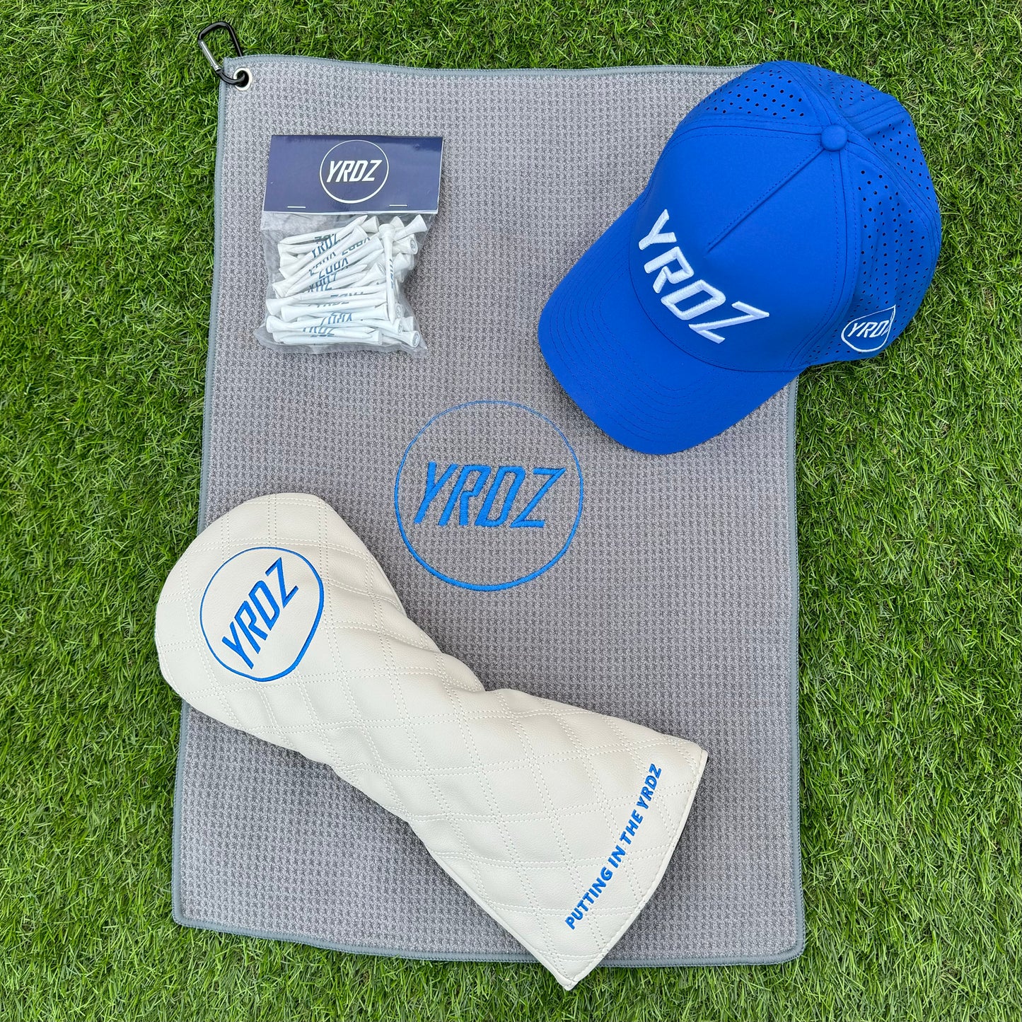 YRDZ Grey Towel, Blue Hat, White Head Cover & 50 Tees Combo Saver
