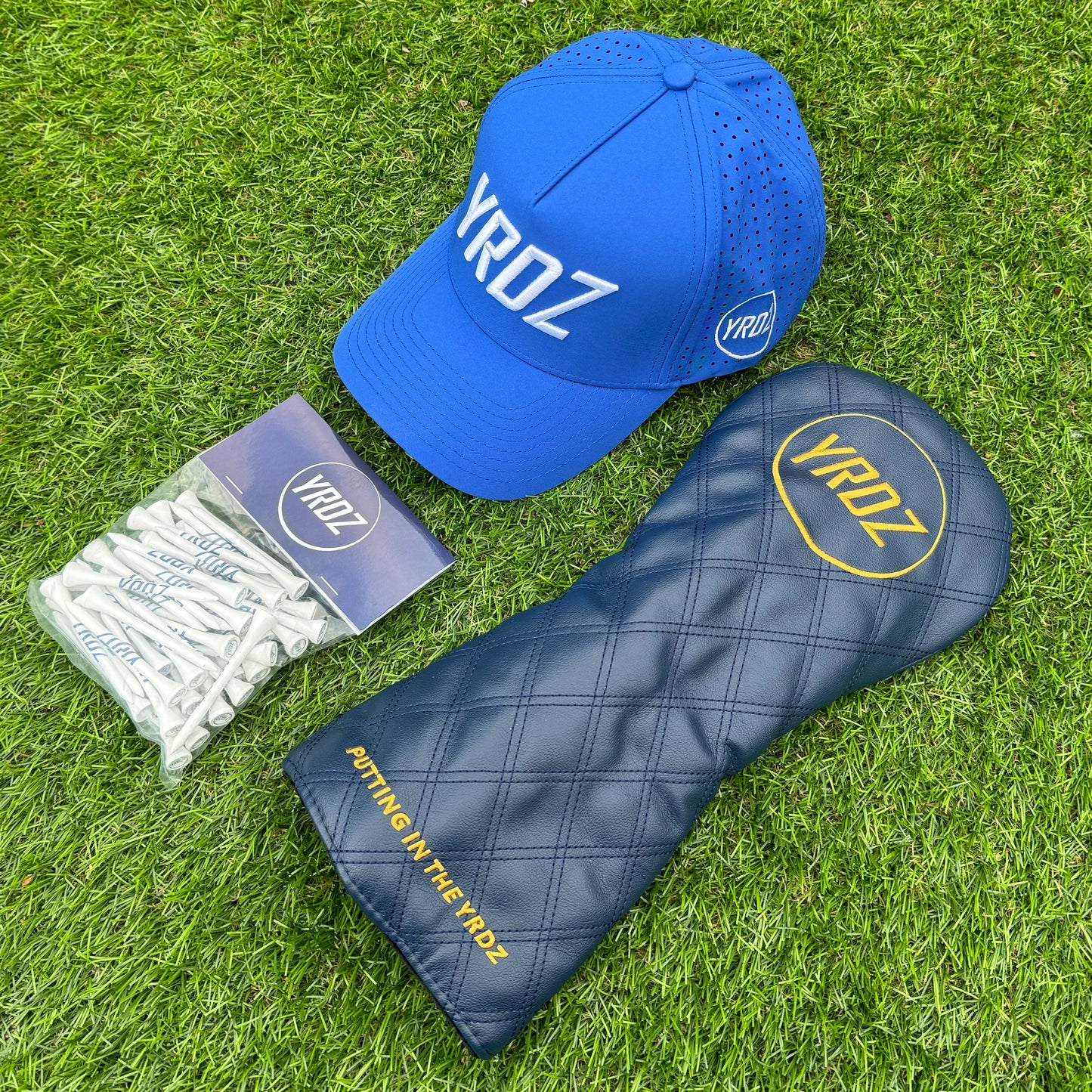 YRDZ Blue Golf Hat, Blue Head Cover & 50 Tees Combo Saver
