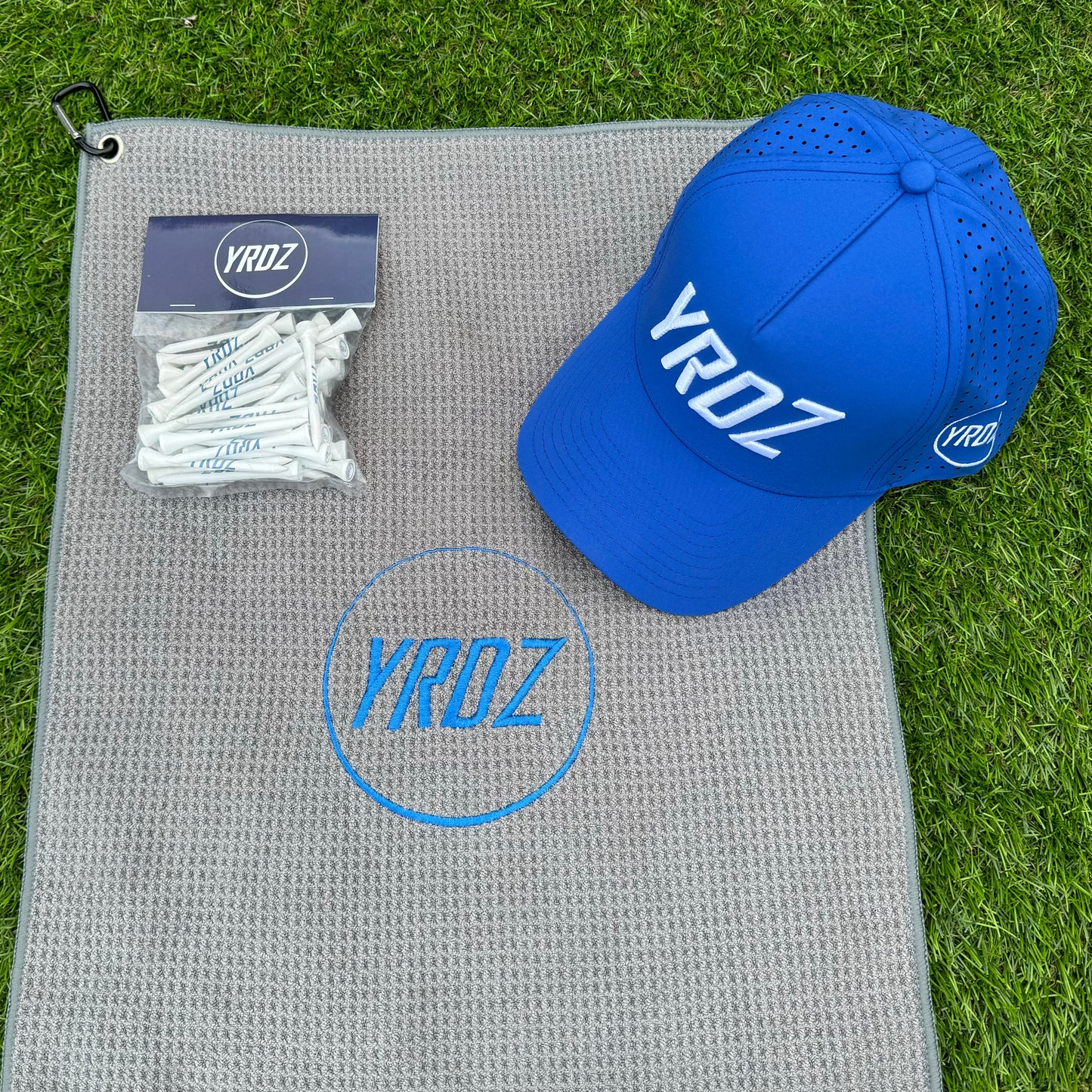 YRDZ Grey Towel, Blue Hat & 50 Tees Combo Saver