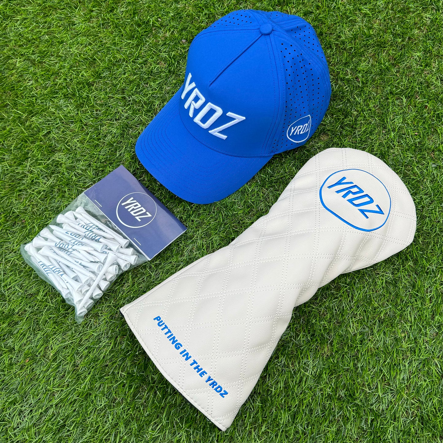 YRDZ Blue Golf Hat, White Head Cover & 50 Tees Combo Saver